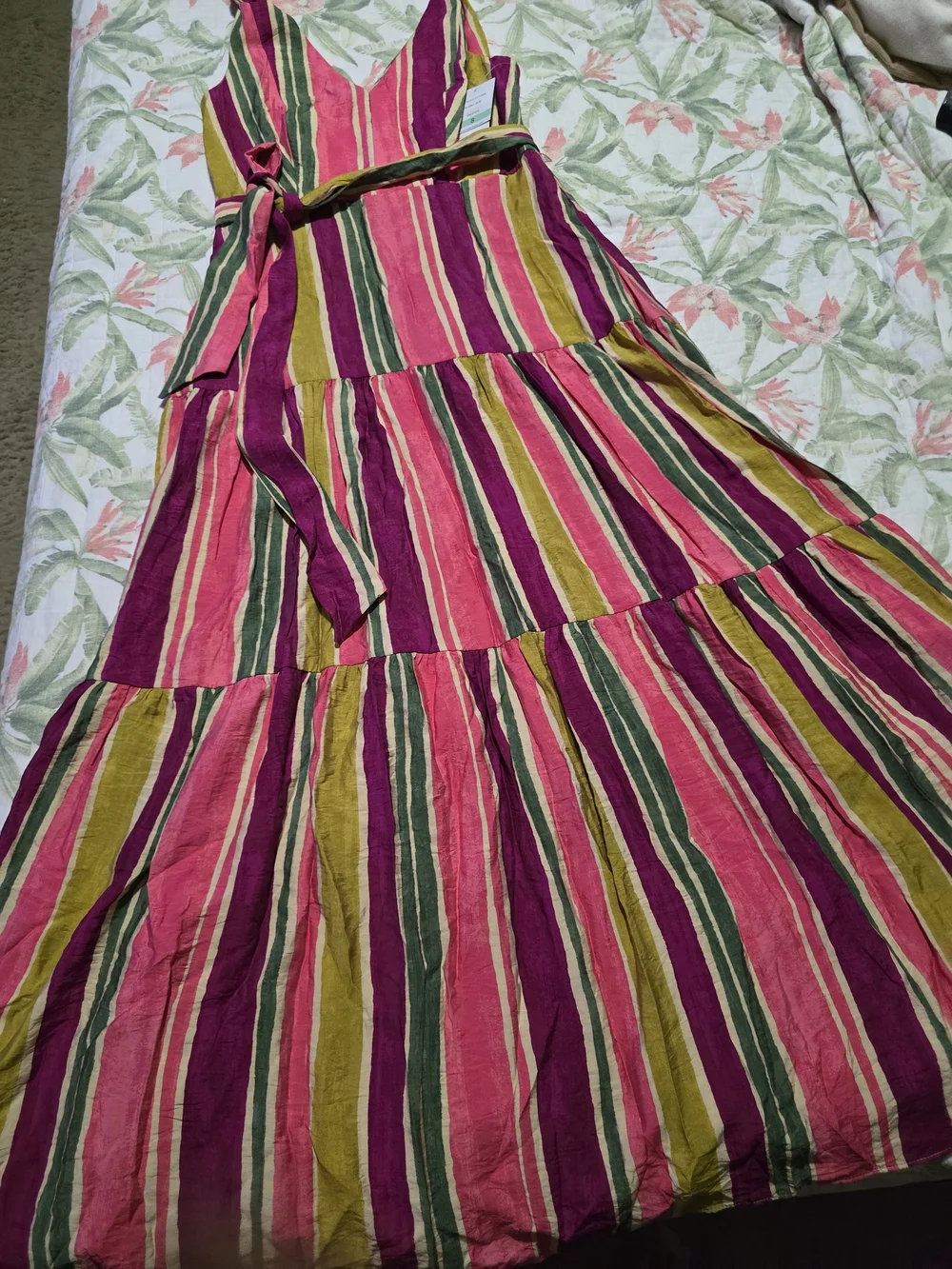 Taylor Pink, Green & Yellow Striped Tiered Maxi Dress with Waist Tie - Picture 3 of 12